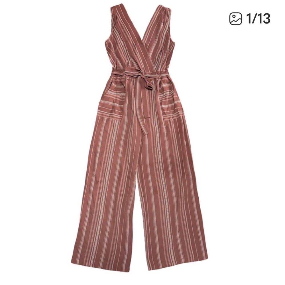 MONTEAU Pink Mauve Striped Wide-Leg Sleeveless Jumpsuit with Tie Waist M NWOT - Picture 3 of 9